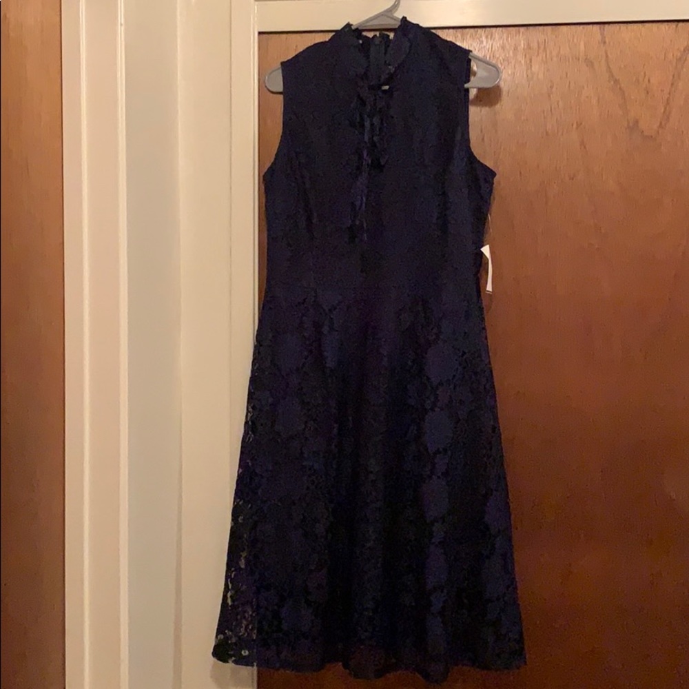 neiman marcus navy lace dress Rickie Freeman for Teri Jon 3/4-Sleeve Lace Overlay Gown